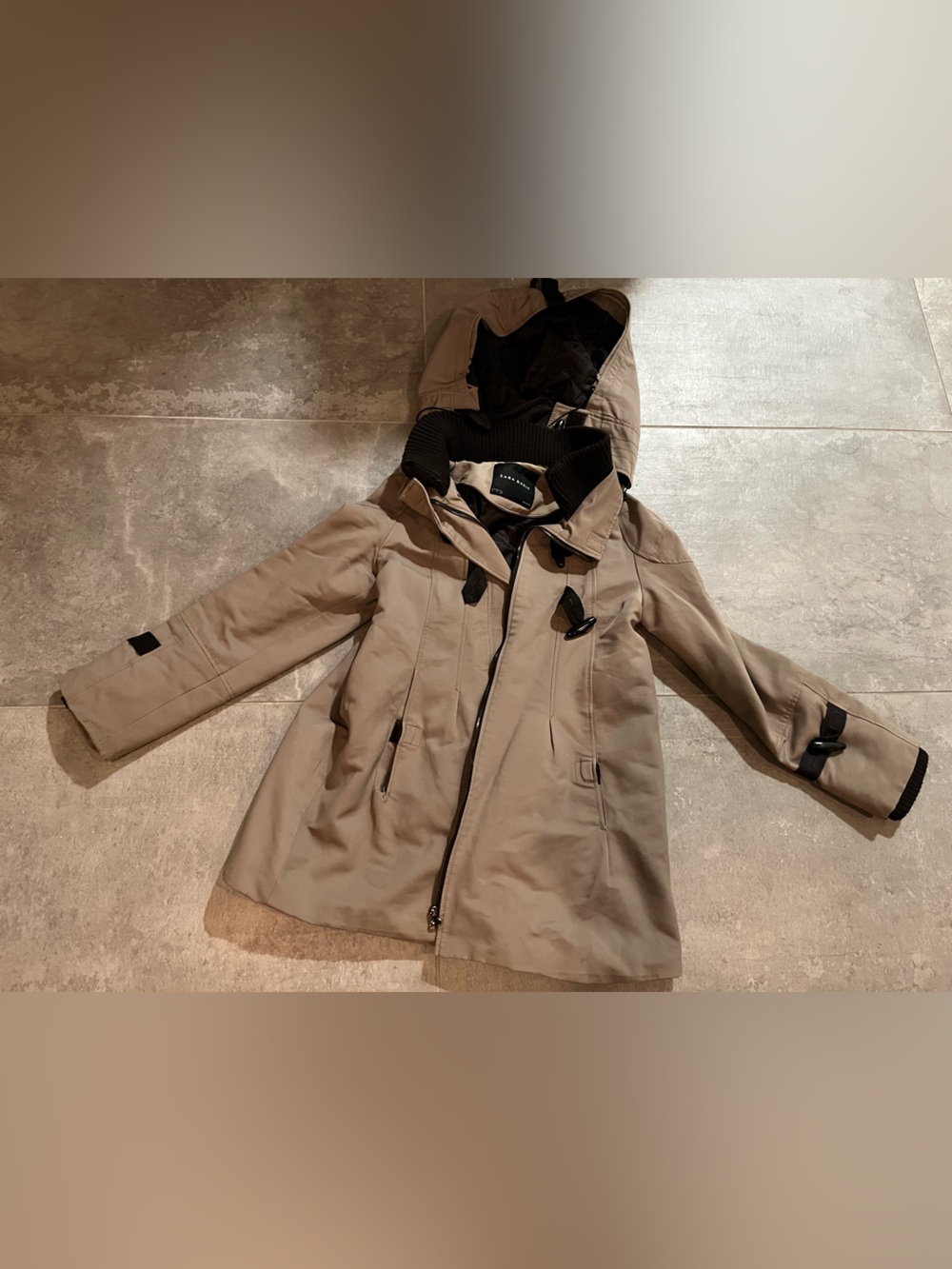 Zara Taupe Hooded Trench Coat with Black Trim Raincoat from Zara Germany